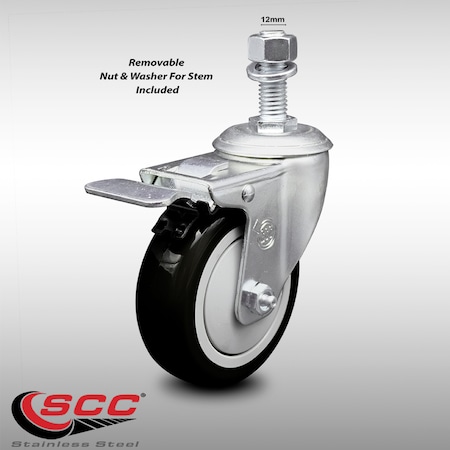 Service Caster 4 Inch SS Black Polyurethane 12mm Threaded Stem Caster with Total Lock Brake SCC-SSTSTTL20S414-PPUB-BLK-M1215